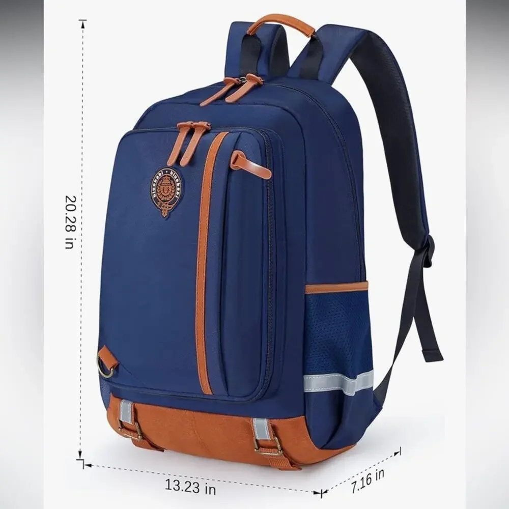 Blue & Tan Unisex Backpack Large School Travel Bag with Laptop Sleeve NEW